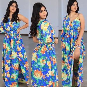 Floral Maxi Dress in Blue and Orange